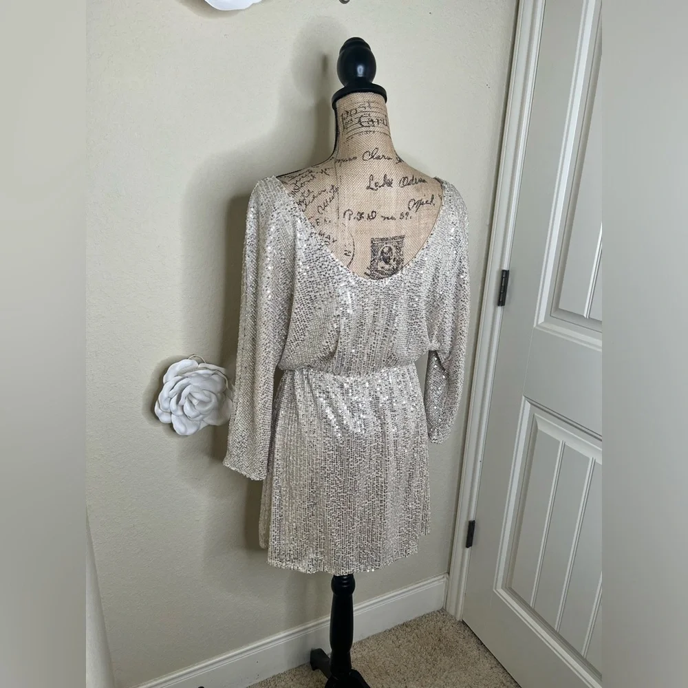 NTM: Silver Sequin Mini Dress Surplice V-Neck Long Sleeve Cocktail Holiday Glam - Picture 16 of 16